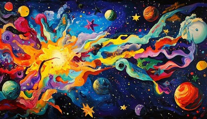 Wall Mural - Vibrant cosmic explosion, planets, stars, nebula.