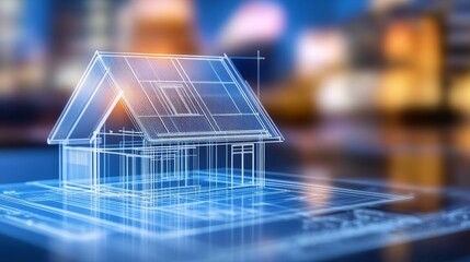3D blueprint of a modern house design illuminated at night with a city skyline in the background