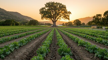 Poster - Serene Sunset over Farmland with Majestic Tree