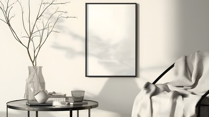 Poster - Minimalist home design with an ISO A paper size frame mockup hanging on the wall showcasing modern furniture and a cozy tranquil atmosphere in a stylish contemporary setting