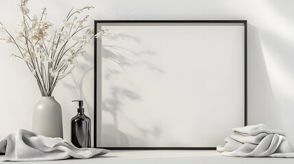 Poster - Minimalist and modern interior design mockup with a blank ISO A size wall frame positioned in a beautifully decorated living room with natural background elements like vases plants