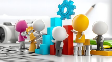 Leinwandbilder - Colorful 3D of cartoon characters collaborating in a modern office setting discussing and developing a new business strategy and plan