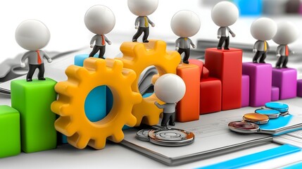 Poster - Business Teamwork Concept with 3D Cartoon Characters Sharing Ideas and Working on a Business Plan in an Office Setting Background  Stylish of Corporate Strategy