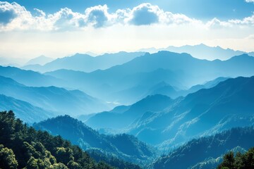 blue mountain range vista, sunlit peaks, hazy sky, travel poster