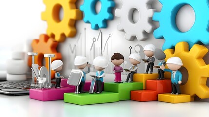 Leinwandbilder - Colorful 3D cartoon characters coming together to plan new business strategies and solutions using digital tools and collaborative teamwork in a friendly modern office environment