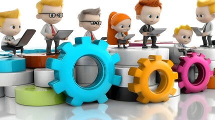 Leinwandbilder - Cartoon characters working together in a friendly office environment utilizing digital tools and teamwork to plan new business strategies and achieve organizational goals