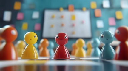 Leinwandbilder - Colorful 3D cartoon characters in a meeting room brainstorming and discussing innovative business strategies with whiteboards and sticky notes in the background