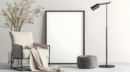 Leinwandbilder - Cozy and Inviting Living Room with Empty Frame Mockup for Design Presentation Featuring Modern Furniture Stylish Wall Textures and a Warm and Minimal Ambiance