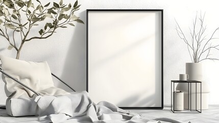 Poster - Minimalist modern home interior design with a blank poster frame offering a sleek and stylish aesthetic complemented by warm and serene furnishings for a cozy and inviting atmosphere