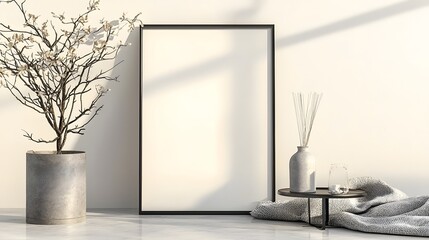 Poster - Bright and airy living space with an ISO A paper size frame mockup on a blank wall ideal for showcasing design artwork and product presentations in a clean modern aesthetic