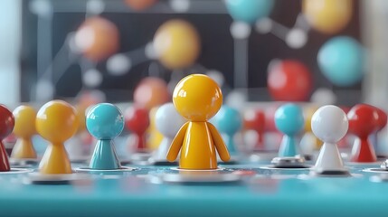 Poster - Animated 3D cartoon characters of a business team collaborating analyzing data and planning strategic goals together in a modern professional office environment