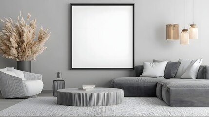 Poster - Bright and inviting living space with an empty ISO A paper size frame mockup displayed on a sleek modern wall
