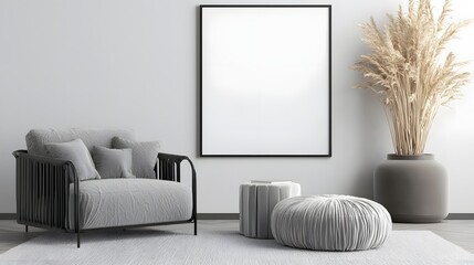 Aufkleber - Sophisticated Minimalist Interior Setting with ISO A Paper Size Frame Mockup on Neutral Wall Complemented by Elegant Furnishings and Cozy Home Decor Accessories