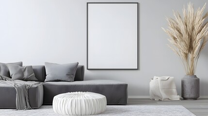 Aufkleber - Spacious and stylish living room interior with a sleek modern design featuring an empty frame mockup offering a chic and trendy atmosphere for design presentation or product display