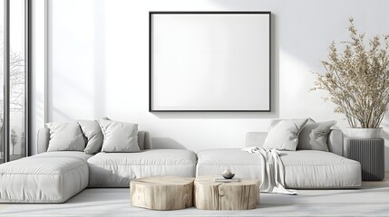 Poster - Stylish and comfortable modern living room interior design with an empty picture frame mockup displayed on the wall perfect for showcasing creative artwork photography