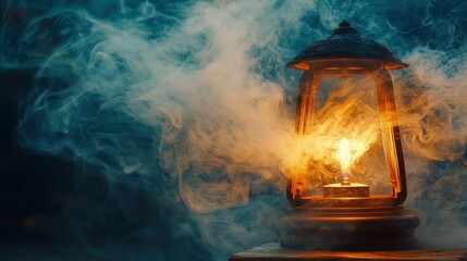 Wall Mural - A rustic Oriental lamp with a soft, radiant glow and swirling smoke tendrils creating a mystical ambiance.
