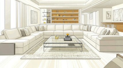 Wall Mural - A spacious living room vector illustration with a large Shaped sofa, a glass-top coffee table, and a feature wall with built-in shelving. 