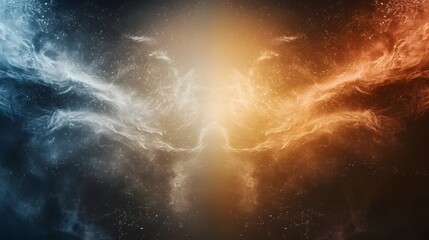Leinwandbilder - Epic Futuristic Competition Wallpaper Illustrating the Battle of Good Versus Evil with Symbolic Elements of Fire and Ice Light and Darkness in a Modern Cosmic Backdrop