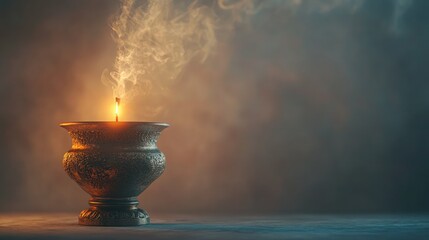 Wall Mural - A traditional bronze incense vase glowing softly with incense smoke curling into the air, set against a muted backdrop.