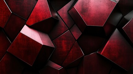 Wall Mural - A textured dark red geometric background composed of interlocking hexagons and subtle metallic reflections. The interplay of shadow and light adds a futuristic and dynamic feel to the artwork.
