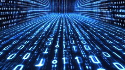 Wall Mural - blue binary background showcasing dynamic technological flow.