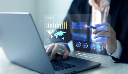 Aufkleber - Businessman using KPI dashboard.Financial business data analytics graph dashboard. Management data System KPI connected in database for follow earnings,operations and sales data.	