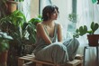 © Anjali - A young woman sits contemplatively amidst lush indoor plants, bathed in soft natural light.