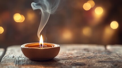 Wall Mural - A close-up view of a ceramic diya, its flame extinguished, with a thin trail of smoke spiraling upwards. 