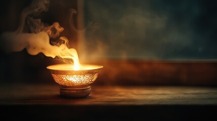 Wall Mural - A delicate antique Oriental lamp sitting on a wooden surface, glowing softly with smoke gently curling around it.