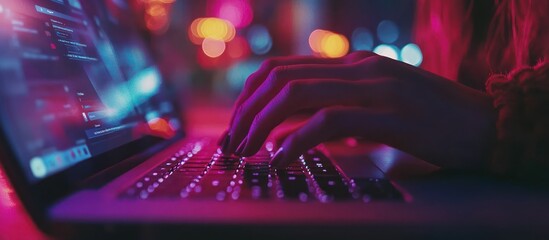 Night city coder typing laptop