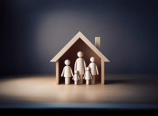 A family of five wooden figurines stands inside a simple wooden house cutout, illuminated against a dark background.  The scene evokes feelings of home, family, and security.