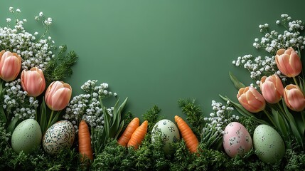 Wall Mural - Festive Easter arrangement top view photo showcasing eggs, carrots for the bunny, gypsophila, and tulips beautifully arranged on a green background with a blank area for text or promotion