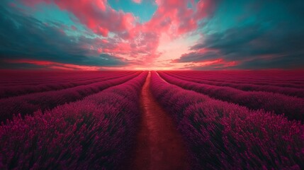 Wall Mural - Vivid Sunset over Lavender Fields with Dramatic Sky and Colorful Clouds