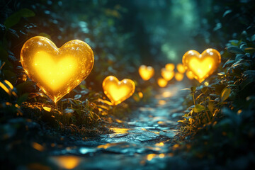 Wall Mural - Valentine's Day - Enchanting Forest Path Lined With Glowing Heart-Shaped Lanterns