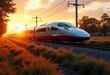 © Eliane - 高速AI列車、洗練された未来的なデザイン、暖かい朝の太陽、ダイナミックな影、光速に近い速度、自然と技術の調和、鮮やかな風景、進歩のビジョン、コンセプト。