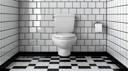 Canvas Print - Modern Bathroom with White and Black Tiles: Clean and Elegant Toilet Design