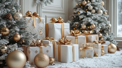 Wall Mural - Festive vertical Christmas presents wrapped in gold and white with ribbon bows, accompanied by elegant ornaments, creating a luxurious holiday atmosphere