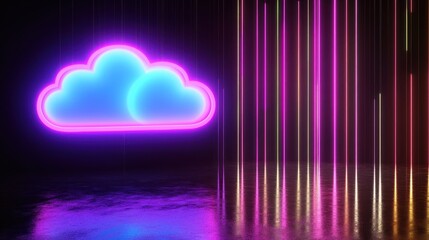 Wall Mural - Neon Cloud Symbol Glowing Vibrant Pink Blue Lines Dark Background