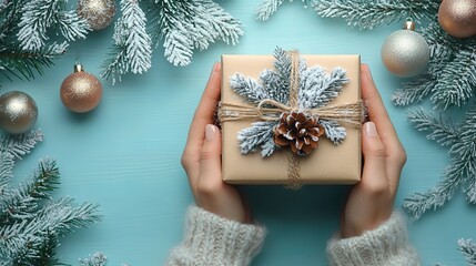 Wall Mural - First person top view of hands holding a kraft paper gift box adorned with a snow-dusted twig, twine, Christmas tree balls, and craft tools on a pastel blue background with blank space