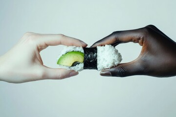 Two hands of different skin tones share a piece of avocado sushi.