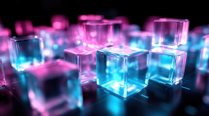 Wall Mural - Neon Glass Cubes Glowing Pink Blue Abstract Dark Background