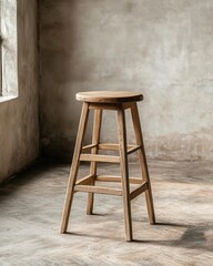 A rustic wooden stool stands alone against a textured wall, highlighting its simplicity and charm in a minimalist setting.