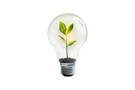 green plant growing inside a light bulb with soil isolated on white or transparent, png