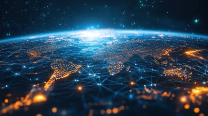 Global network connections illuminating Earth at night; futuristic communication concept