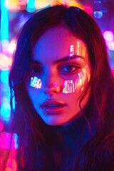 Wall Mural - Intense portrait illuminated by vibrant neon lights, showcasing