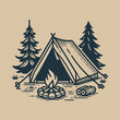 © Nurjen - Hand Drawn Illustration of Outdoor Campfire and Tent in vintage style