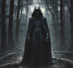 Illustration of hodded person in dark woods.