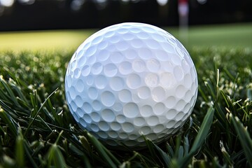 Wall Mural - White golf ball resting on lush green grass with blurred backgro