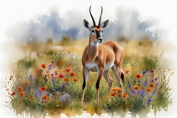 gazelle standing alert in a field of wildflowers in watercolor style