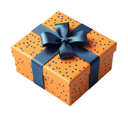 Bright orange gift box wrapped with elegant navy ribbon and polka dots, ready for a special occasion or celebration isolated on transparent background